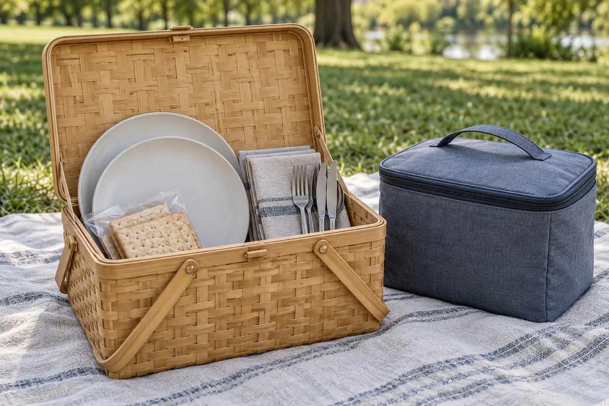Open bamboo picnic basket holding plates and napkins beside a separate closed insulated cooler