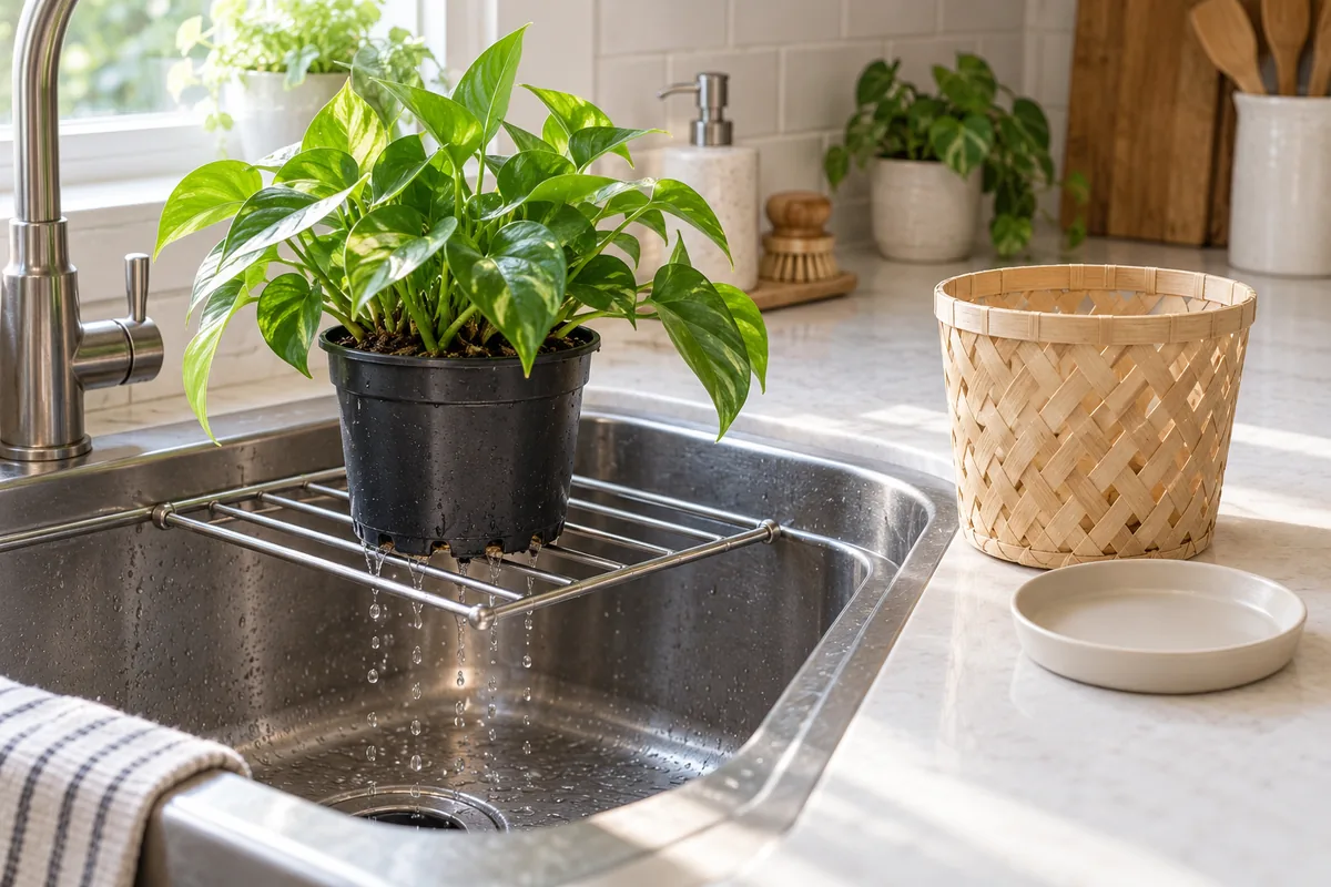 Vaso da vivaio che sgocciola sopra un lavello mentre coprivaso in bambù e sottovaso restano asciutti sul piano