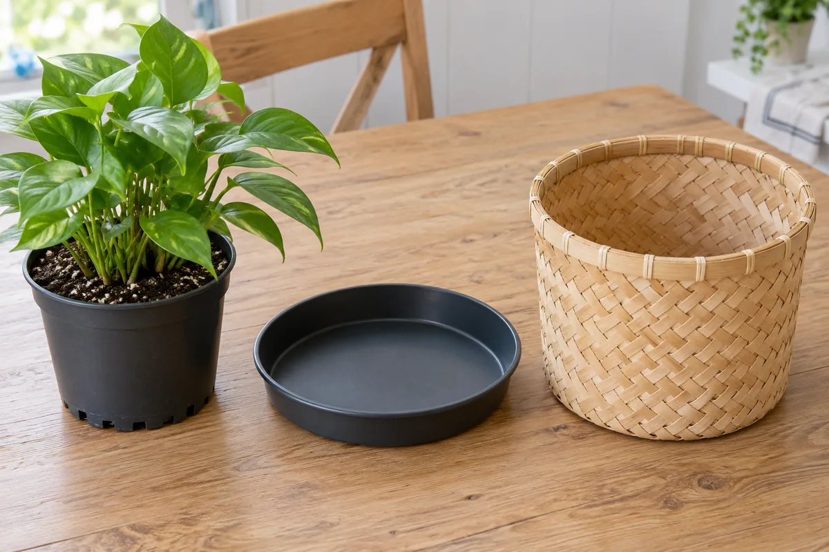 Vaso da vivaio separato, sottovaso vuoto e cesto intrecciato in bambù asciutto su un tavolo