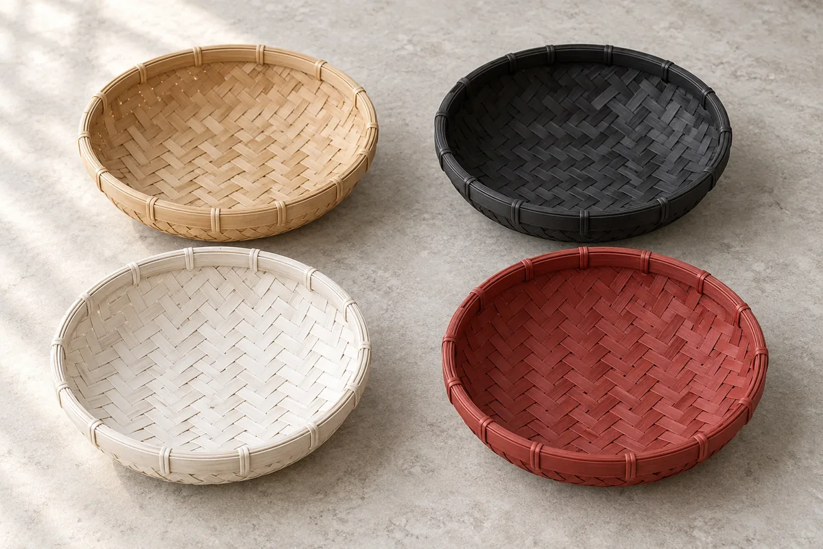 Four shallow woven bamboo baskets with natural, black, white and muted red finishes