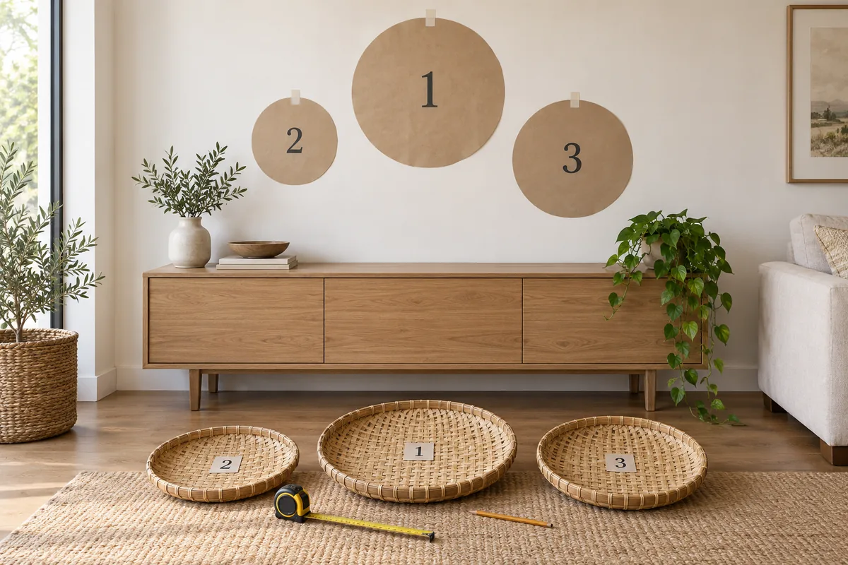 Numbered paper templates on a wall matching three woven bamboo baskets below